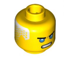 Minifigure, Head Black Thick Eyebrows, Dark Azure Eyes, Open Mouth Scowl, White Hair on Back Pattern (Zane) - Hollow Stud