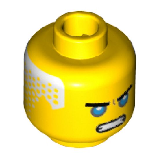 Minifigure, Head Black Thick Eyebrows, Dark Azure Eyes, Open Mouth Scowl, White Hair on Back Pattern (Zane) - Hollow Stud