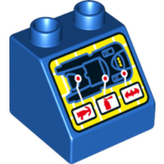 Duplo, Brick 2 x 2 x 1 1/2 Slope 45 with Screen with Batmobile and Instrument Locations Pattern