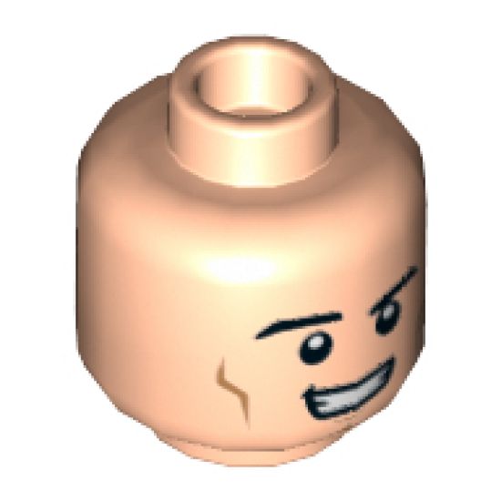 Minifigure, Head Dual Sided Black Eyebrows, Cheek Lines, Chin Dimple, Open Mouth Smirk / Bared Teeth with Red Eyes Pattern (Superman / Hyperion) - Hollow Stud