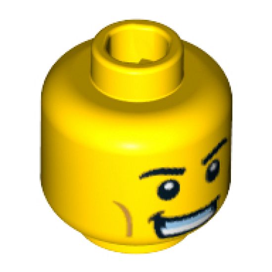 Minifigure, Head Black Eyebrows, White Pupils, Cheek Lines, Crooked Grin with Teeth Pattern - Blocked Open Stud
