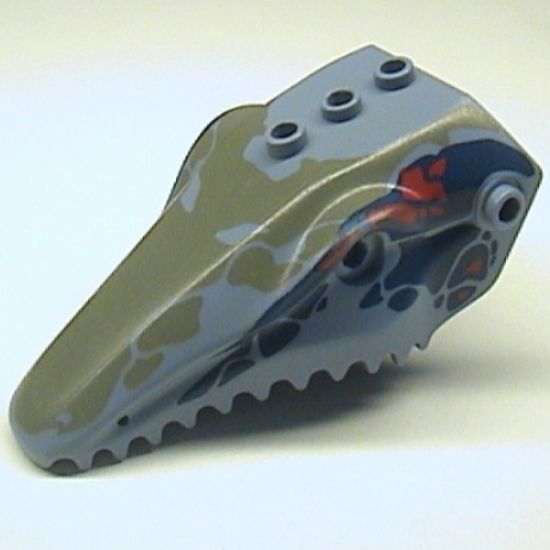 Animal, Body Part Dinosaur Head Toothed, Jaw Top with Pin, Set 6721 Pattern - Dark Gray, Red, and Dark Blue