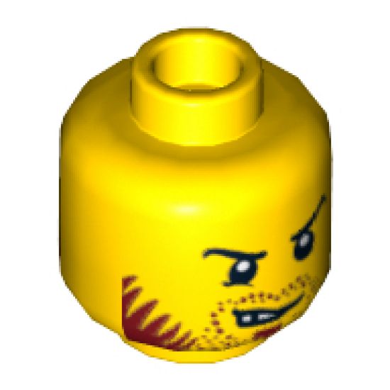 Minifigure, Head Dual Sided Beard Stubble Dark Red, Sideburns, Goatee, Curved Black Eyebrows, Lopsided Open Grin / Determined Pattern - Hollow Stud