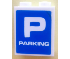 Brick 1 x 2 x 2 with Inside Axle Holder with White Letter 'P' and 'PARKING' on Blue Background Pattern (Sticker) - Set 3832