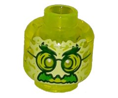 Minifigure, Head Alien Ghost with Yellowish Green Face, Bushy Eyebrows, Glasses, Angry and Flames in Back Pattern - Hollow Stud