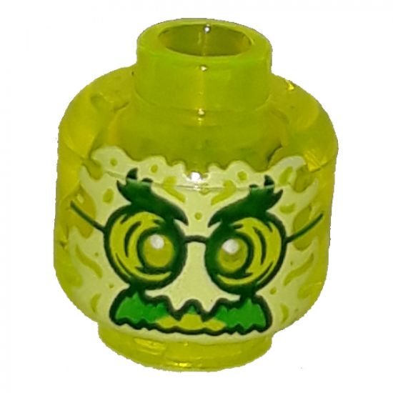 Minifigure, Head Alien Ghost with Yellowish Green Face, Bushy Eyebrows, Glasses, Angry and Flames in Back Pattern - Hollow Stud