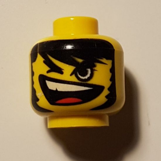 Minifigure, Head Male Open Mouth and Teeth, Long Black Hair, One Closed Eye Pattern - Blocked Open Stud