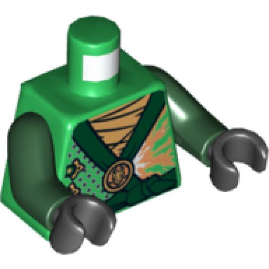 Torso Ninjago Robe with Dark Green Sash and Golden Power Emblem Pattern / Dark Green Arms / Black Hands