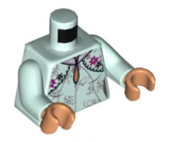 Torso Female Dress, Teardrop Neckline, Silver Flower Filigree, Magenta Flowers and Black Stars Pattern / Light Aqua Arms / Nougat Hands