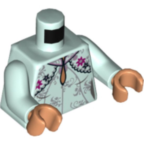 Torso Female Dress, Teardrop Neckline, Silver Flower Filigree, Magenta Flowers and Black Stars Pattern / Light Aqua Arms / Nougat Hands