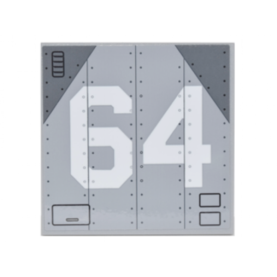 Tile 6 x 6 with Bottom Tubes with White '64' on Metal Aircraft Panels with Rivets and Dark Bluish Gray Corners Pattern (Sticker) - Set 76042
