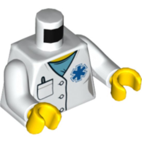 Torso Hospital Lab Coat, Medium Azure Scrubs, Blue EMT Star of Life, Pocket with Pen Pattern / White Arms / Yellow Hands