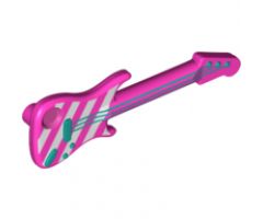 Minifigure, Utensil Guitar Electric with Bright Pink Diagonal Stripes and Metallic Blue Strings, Bridge and Output Jack Pattern