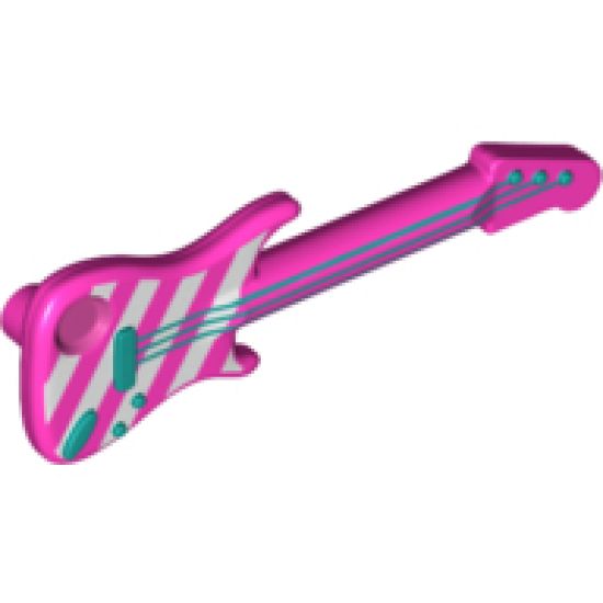 Minifigure, Utensil Guitar Electric with Bright Pink Diagonal Stripes and Metallic Blue Strings, Bridge and Output Jack Pattern