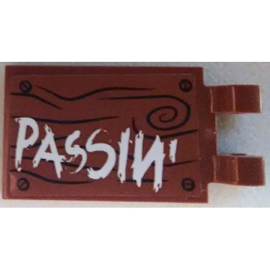 Tile, Modified 2 x 3 with 2 Clips with White 'PASSIN'' on Wood Grain Background with 4 Screws Pattern (Sticker) - Set 70813
