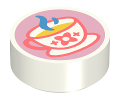 Tile, Round 1 x 1 with Steaming Teacup with Coral Outline and Flower, Yellow Drink, and Dark Azure Steam Pattern