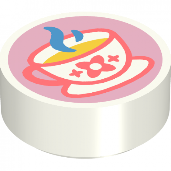 Tile, Round 1 x 1 with Steaming Teacup with Coral Outline and Flower, Yellow Drink, and Dark Azure Steam Pattern