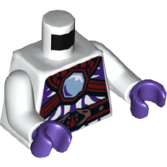 Torso Ninjago Snake with Bright Light Blue Gem, Black and Red Armor and Belt with Copper Snake Heads Pattern / White Arms / Dark Purple Hands
