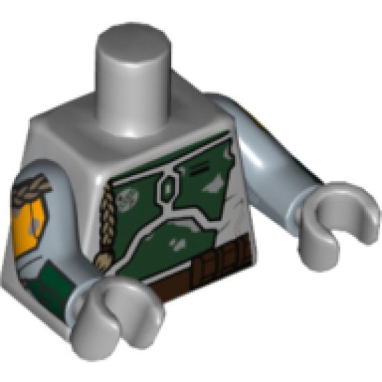 Torso SW Mandalorian Armor Plates Dark Green Pattern Dual Sided (Boba Fett), Large Emblem on Chest / Sand Blue Arms Printed / Light Bluish Gray Hands