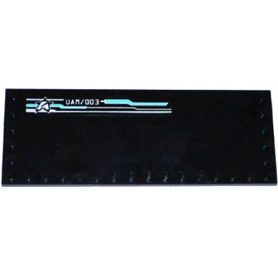 Tile, Modified 6 x 16 with Studs on Edges with Silver and Medium Azure Lines Pattern, 'UAM/003' and Ultra Agents Logo Pattern Model Right Side (Sticker) - Set 70173