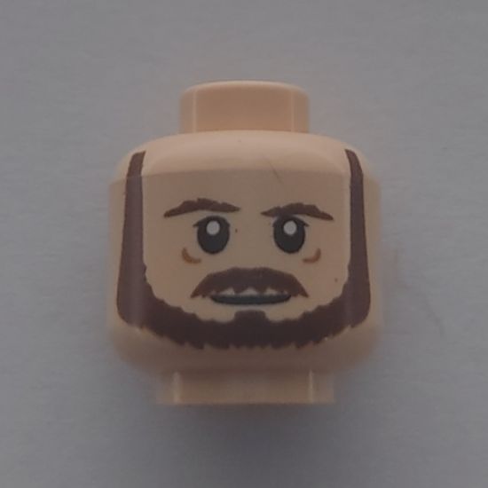Minifigure, Head Dual Sided Beard, Brown Eyebrows, Moustache, White Pupils, Neutral / Raised Left Eyebrow Pattern (SW Qui-Gon) - Hollow Stud