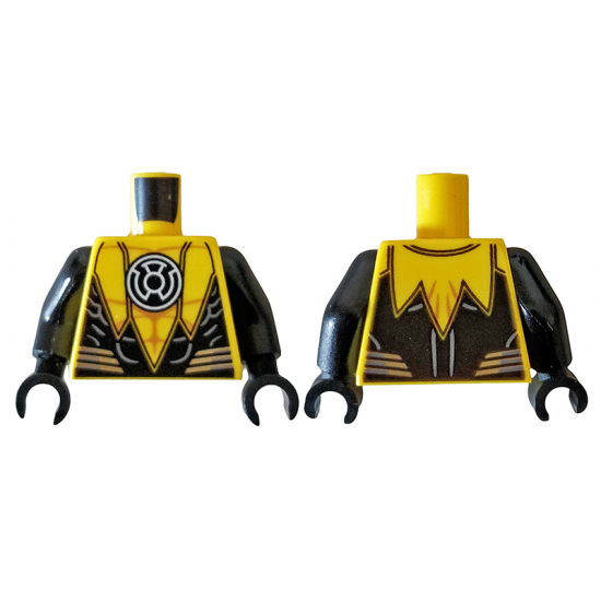 Torso with Yellow Lantern Logo on Black Circle, Muscle Contours, Black Scalloped Side Panels, 6 Silver Stripes Pattern / Black Arms / Black Hands