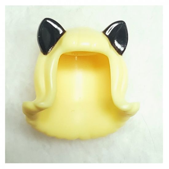 Minifigure, Hair Female Mid-Length Flipped Ends, Short Bangs, with Black Cat Ears Pattern