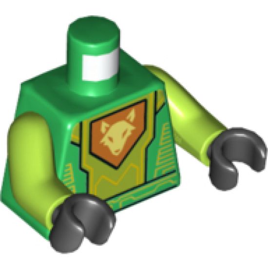 Torso Nexo Knights Armor with Lime Circuitry and Panel with Bright Light Yellow Fox Head on Orange Pentagonal Shield Pattern / Lime Arms / Black Hands