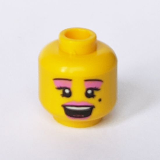 Minifigure, Head Female with Pink Lips and Eye Shadow, Open Mouth and Beauty Mark Pattern - Hollow Stud