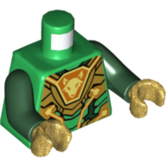 Torso Nexo Knights Gold Armor with Circuitry and Orange Emblem with Yellow Fox Head Pattern / Dark Green Arms / Pearl Gold Hands