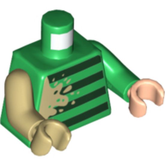 Torso, 4 Dark Green Stripes, Large Tan Splotch on Left Side Pattern / Green Arm Left / Tan Arm Right / Light Nougat Hand Left / Tan Hand Right