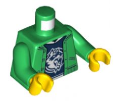 Torso Jacket over Dark Blue Shirt with White Collar and Raccoon Logo Pattern / Green Arms / Yellow Hands