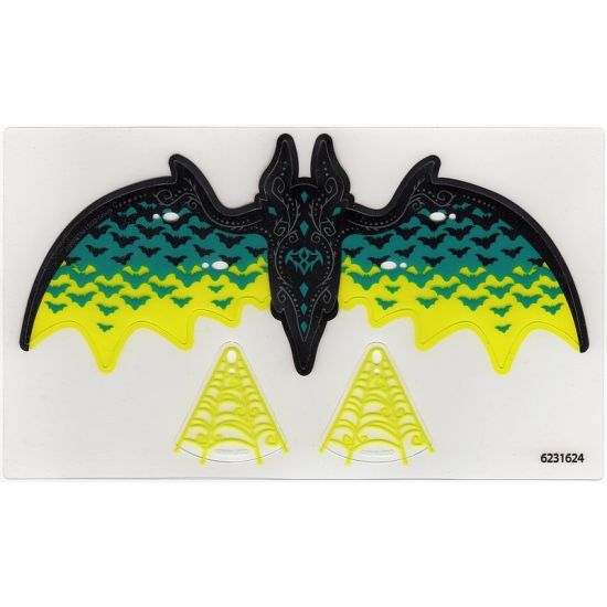 Plastic Wings with Black and Dark Turquoise Bat Pattern and Trans-Neon Green Spider Web Pattern, Sheet of 3