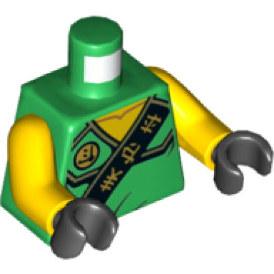 Torso Ninjago Robe with Gold Asian Characters on Black Sash and Lloyd Power Emblem Pattern / Yellow Arms / Black Hands