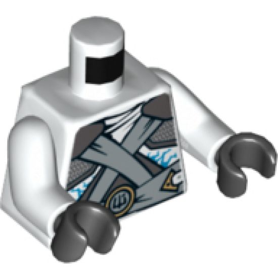 Torso Ninjago Shoulder Armor with Silver Belts and Ice Power Emblem Pattern / White Arms / Black Hands