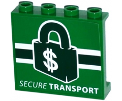 Panel 1 x 4 x 3 with Side Supports - Hollow Studs with 'SECURE TRANSPORT' and Dark Green Lock with '$' Dollar Sign Pattern (Sticker) - Set 76015