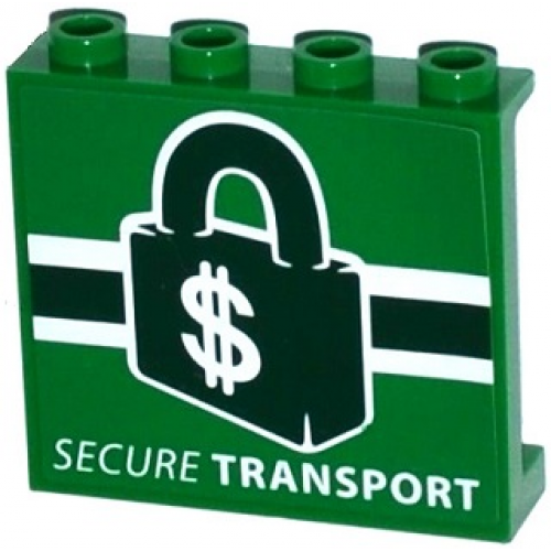 Panel 1 x 4 x 3 with Side Supports - Hollow Studs with 'SECURE TRANSPORT' and Dark Green Lock with '$' Dollar Sign Pattern (Sticker) - Set 76015