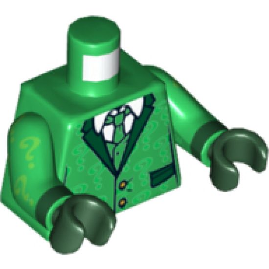 Torso Suit with Pockets, Tie, Shirt and Bright Green Question Marks Pattern / Green Arms with Bright Green Question Marks Pattern / Dark Green Hands