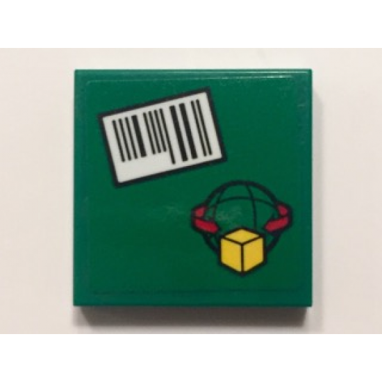 Tile 2 x 2 with Barcode and Box and Arrows and Globe on Green Background Pattern (Sticker) - Set 60101