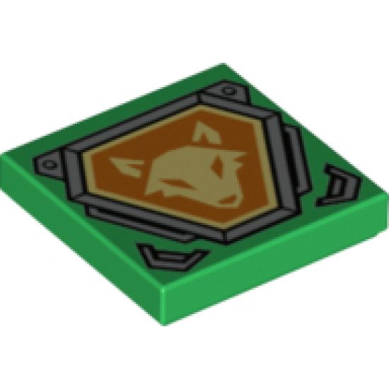 Tile 2 x 2 with Bright Light Yellow Fox Head on Orange Hexagonal Shield with Silver Border Pattern