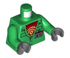 Torso Coveralls with Pockets, Red Undershirt with Circles, Silver 'DIAZ' ID Badge, Black Splotch Pattern / Green Arms / Dark Bluish Gray Hands