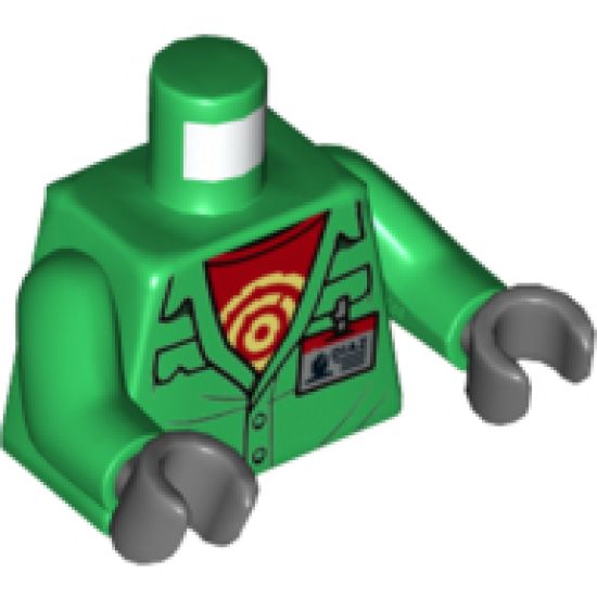 Torso Coveralls with Pockets, Red Undershirt with Circles, Silver 'DIAZ' ID Badge, Black Splotch Pattern / Green Arms / Dark Bluish Gray Hands
