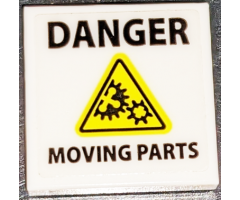 Tile 2 x 2 with Black 'DANGER', 'MOVING PARTS', and Yellow Warning Triangle with Gears Pattern (Sticker) - Set 70631