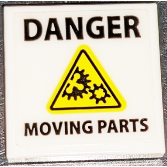 Tile 2 x 2 with Black 'DANGER', 'MOVING PARTS', and Yellow Warning Triangle with Gears Pattern (Sticker) - Set 70631