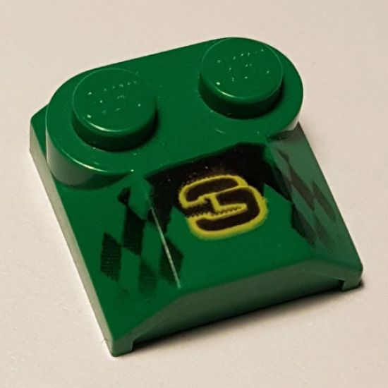 Slope, Curved 2 x 2 x 2/3 with Two Studs and Curved Sides, Lip End with '3' and Checkered Pattern