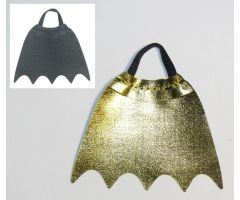 Duplo, Figure Wear & Utensil Cloth Cape with Elastic Loop, Scalloped 5 Points (Batman), Black and Metallic Gold Sides