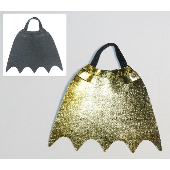 Duplo, Figure Wear & Utensil Cloth Cape with Elastic Loop, Scalloped 5 Points (Batman), Black and Metallic Gold Sides