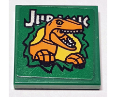 Tile 2 x 2 with 'Jurassic' and Velociraptor Breaking Through Wall on Green Background Pattern (Sticker) - Set 75934