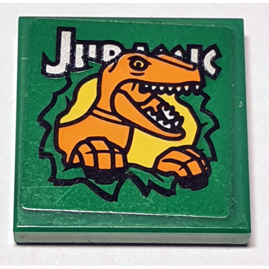 Tile 2 x 2 with 'Jurassic' and Velociraptor Breaking Through Wall on Green Background Pattern (Sticker) - Set 75934