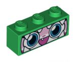 Brick 1 x 3 with Cat Face Wide Eyes, Smiling Open Mouth with One Tooth, Green Dinosaur Mask with White Teeth Pattern (Dinosaur Unikitty)